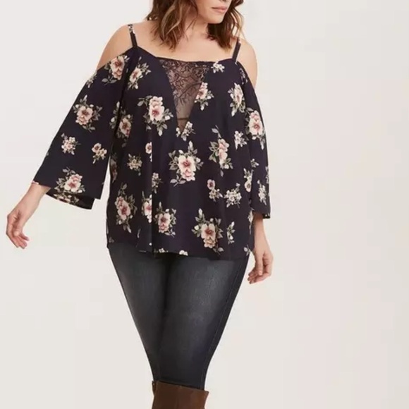torrid Tops - Torrid Floral Print Lace Inset Cold Shoulder Top